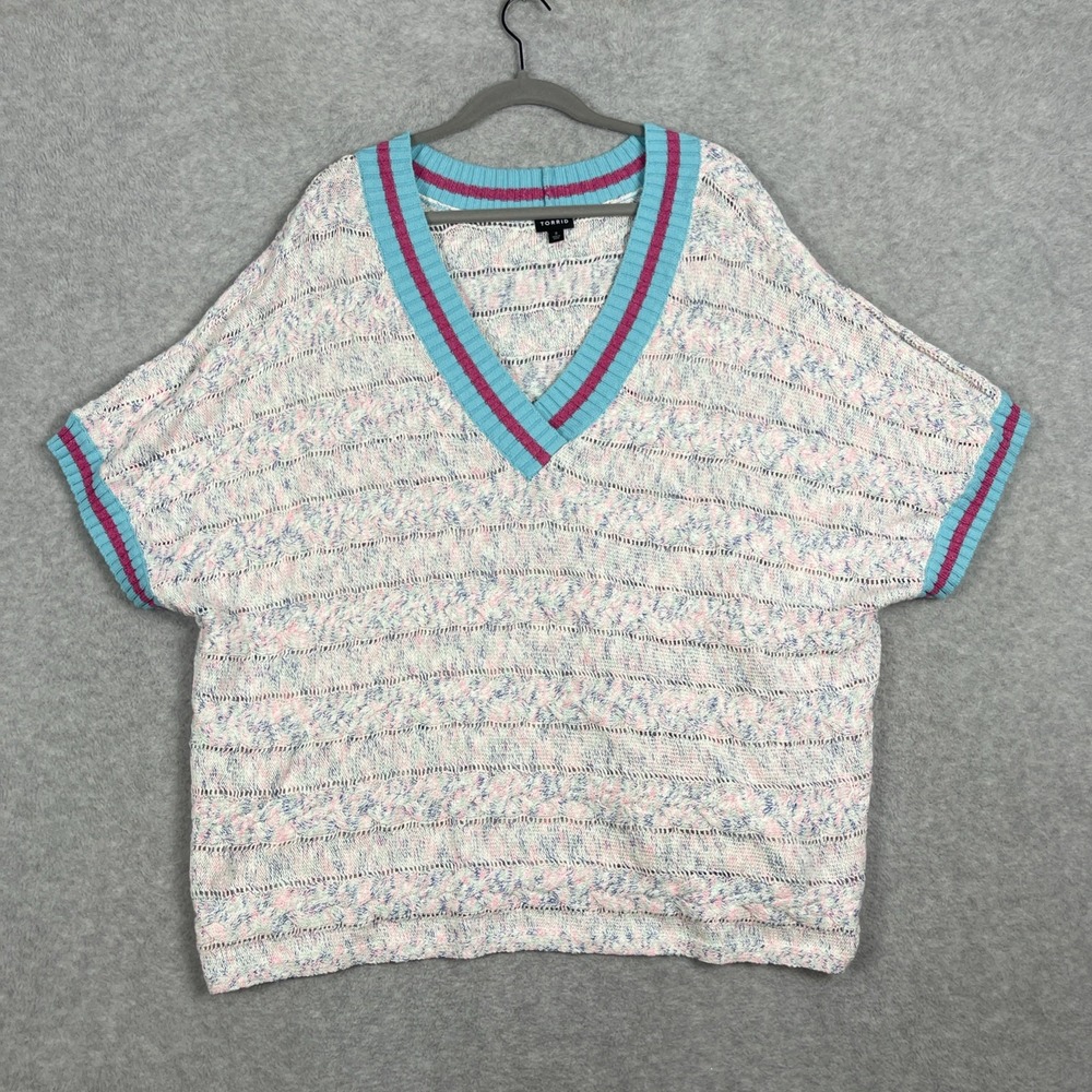 Torrid Open Knit Sweater Womens 3X V-Neck Cropped Boxy Coastal Pastel